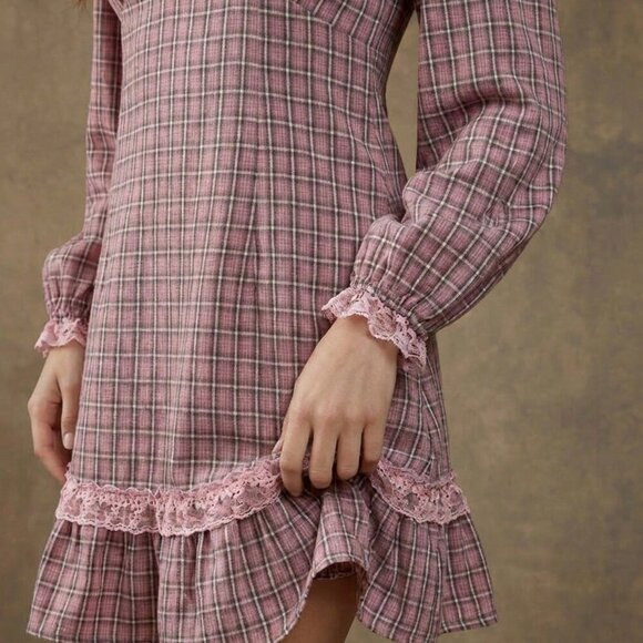 Baby Pink Elegant Women's Boho Embroidered Plaid Mini Dress - Picture 5 of 6